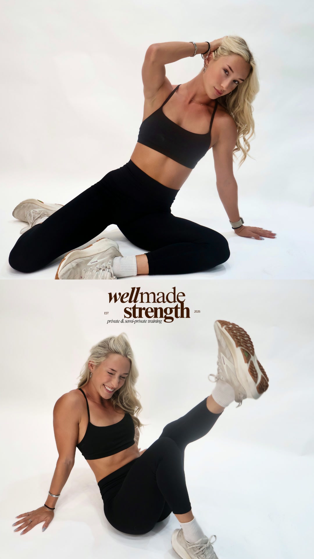 Madeleine in the studio, two poses, with the Well Made Strength logo